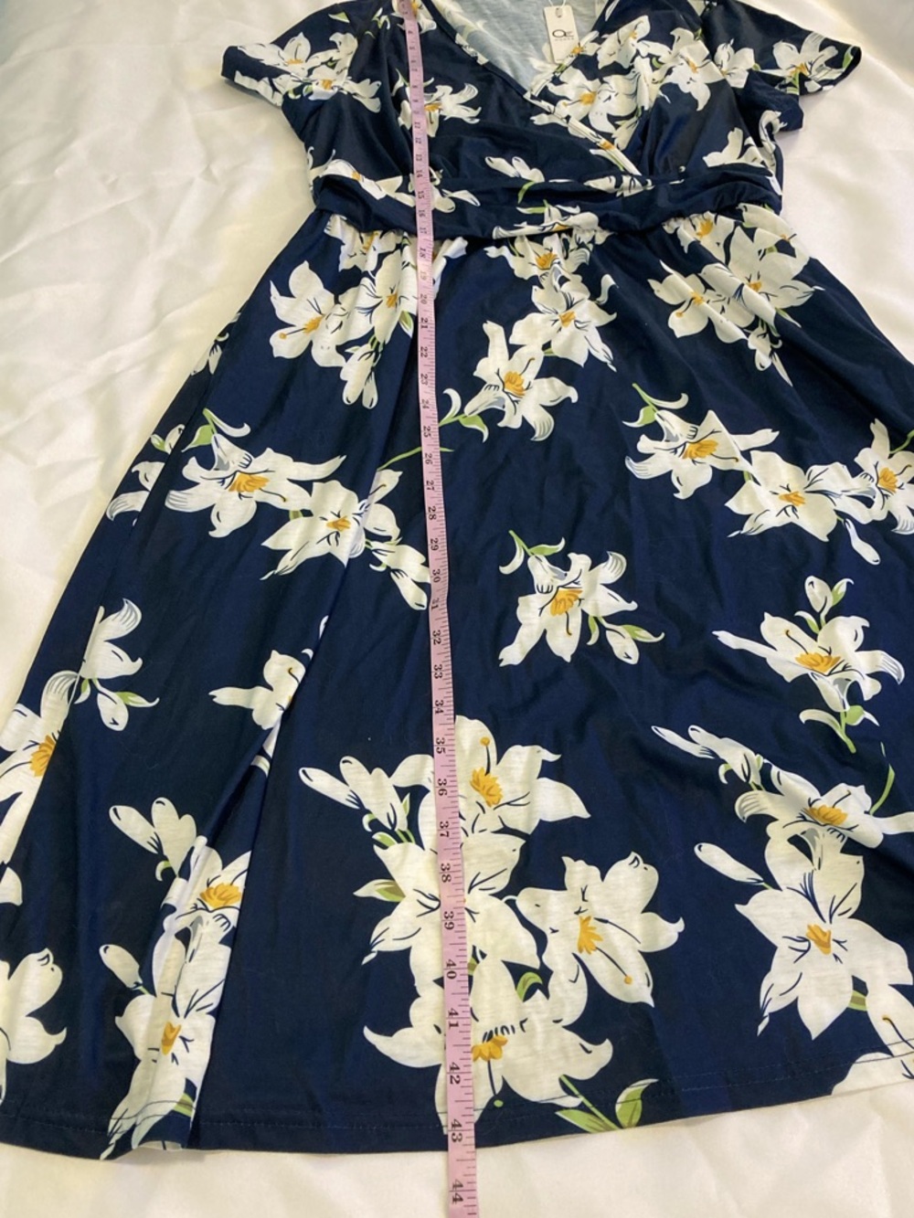 OUGES Navy Floral Wrap Dress Short Sleeve Knee Length XL Pockets - Picture 9 of 9